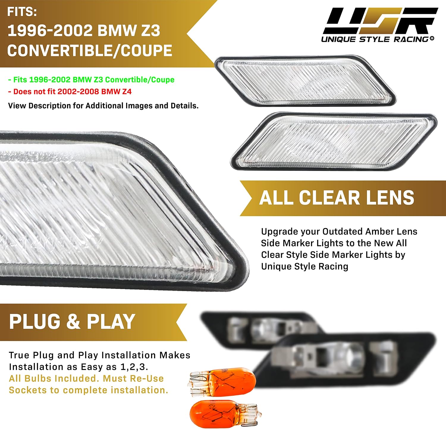 USR Z3 Side Marker Lights - Euro Style Clear Lens Fender Sidemarkers Lamps Set (Left + Right) Compatible with 1996-2002 BMW Z3 Roadster/M Roadster/M Coupe