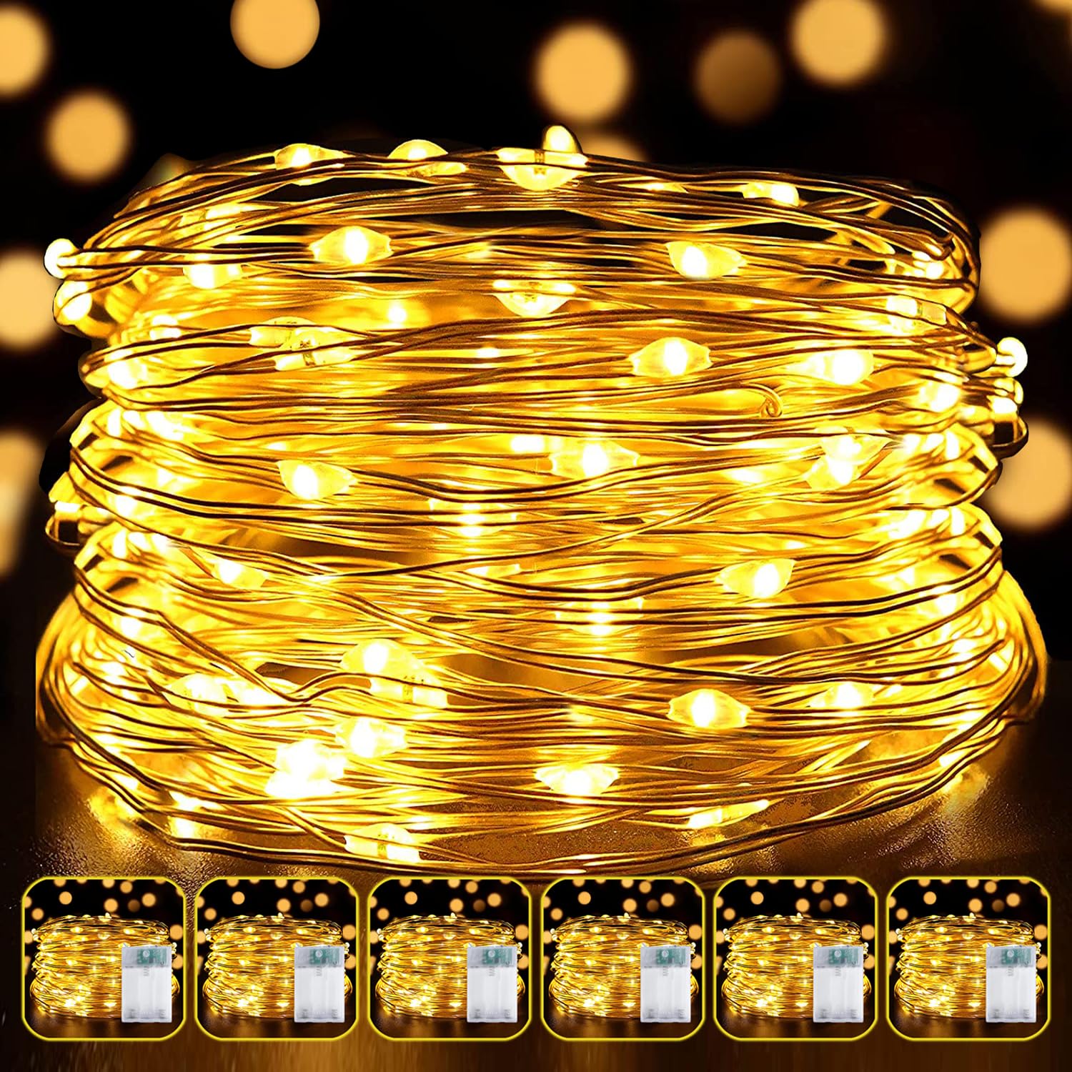 6 Pack LED Fairy Lights Battery Operated 20FT 60 LEDs Silver Wire, Warm White
