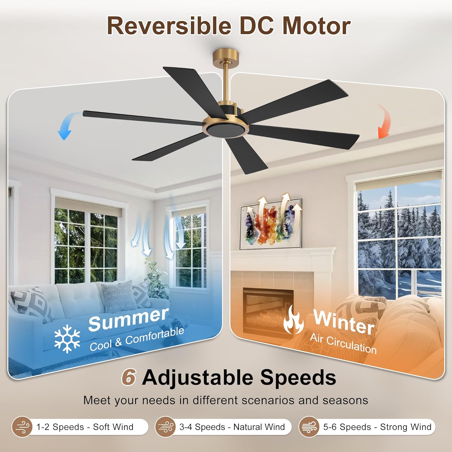 WINGBO 60 Inch Ceiling Fan without Light - 6 Plywood Blades, 6-Speed Reversible DC Motor, Noiseless Remote Control Ceiling Fan No Light for Bedroom Living Room Kitchen, Gold and Walnut/Black