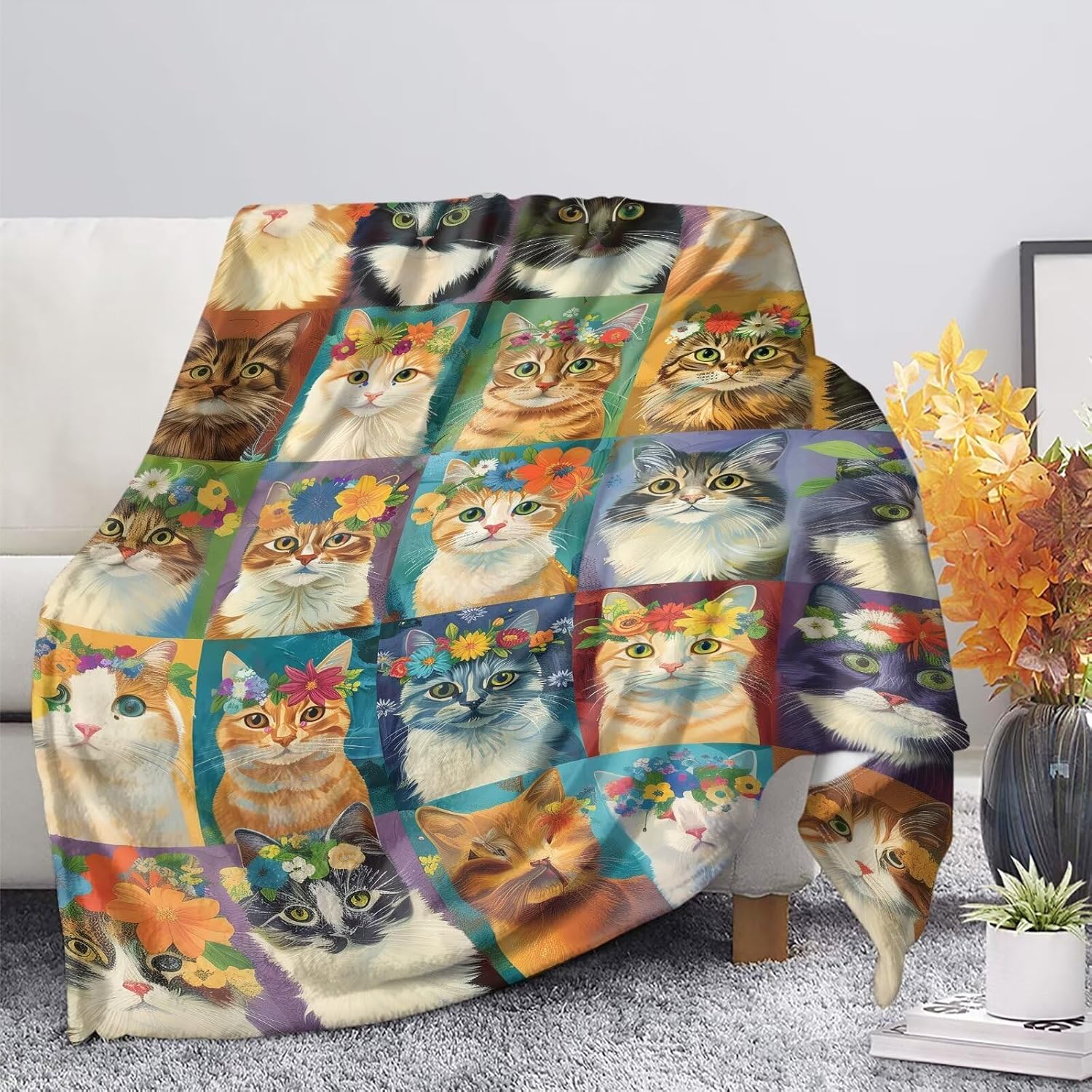 Cat Blanket Throw Blanket Blanket Cute Kids Blanket Bed Blanket Super Soft Sofa Blanket Vintage Cute Cats Flower Blanket for Office, Bedroom, Travel, All Seasons 70" x 55"