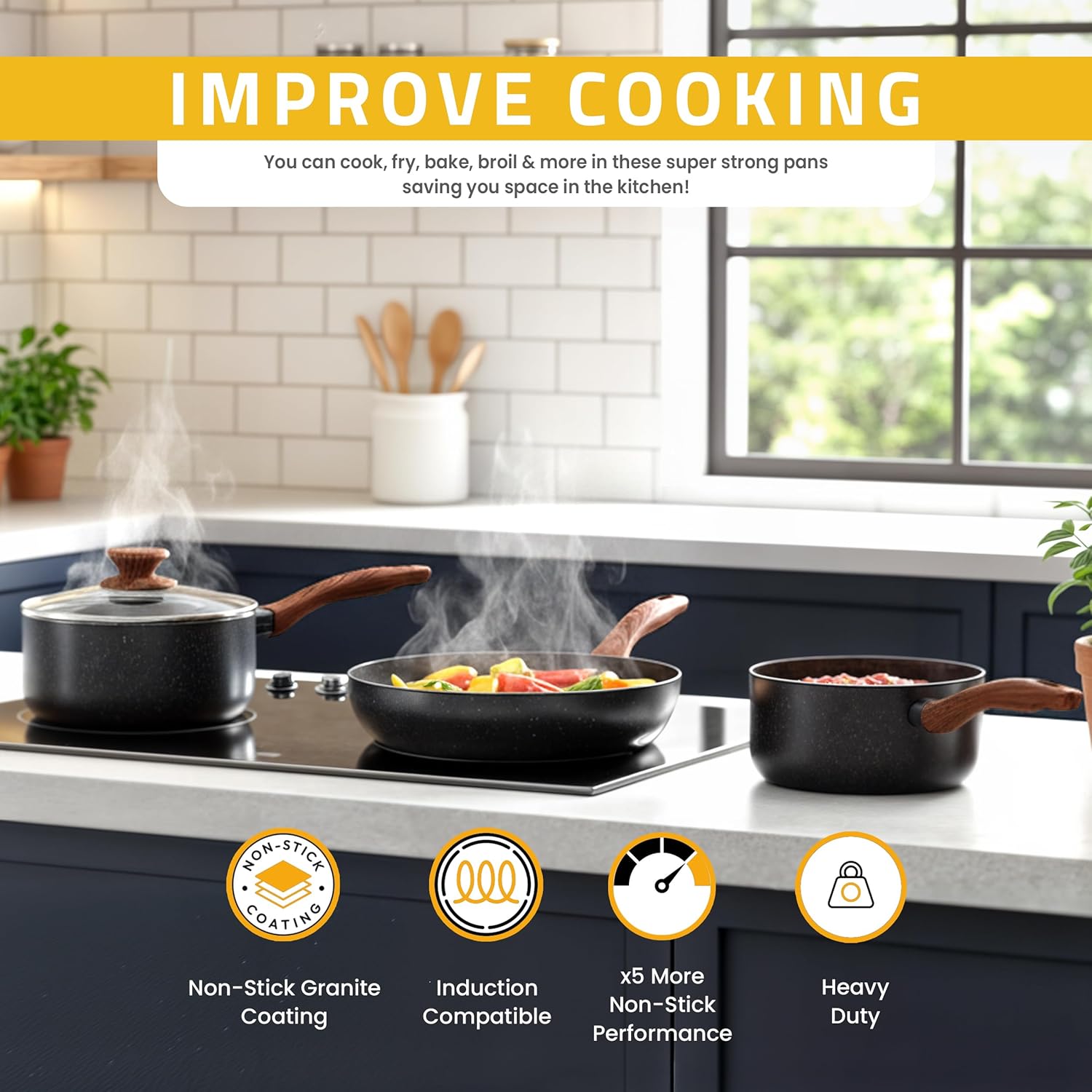 KICHLY Granite Kitchen Cookware Set, 8 Piece Nonstick Pots & Pans Set, Induction Frying Pans, Saucepan with Lids, Induction Compatible Cookware, PFOA-Free Non-Stick Cooking Set, Black