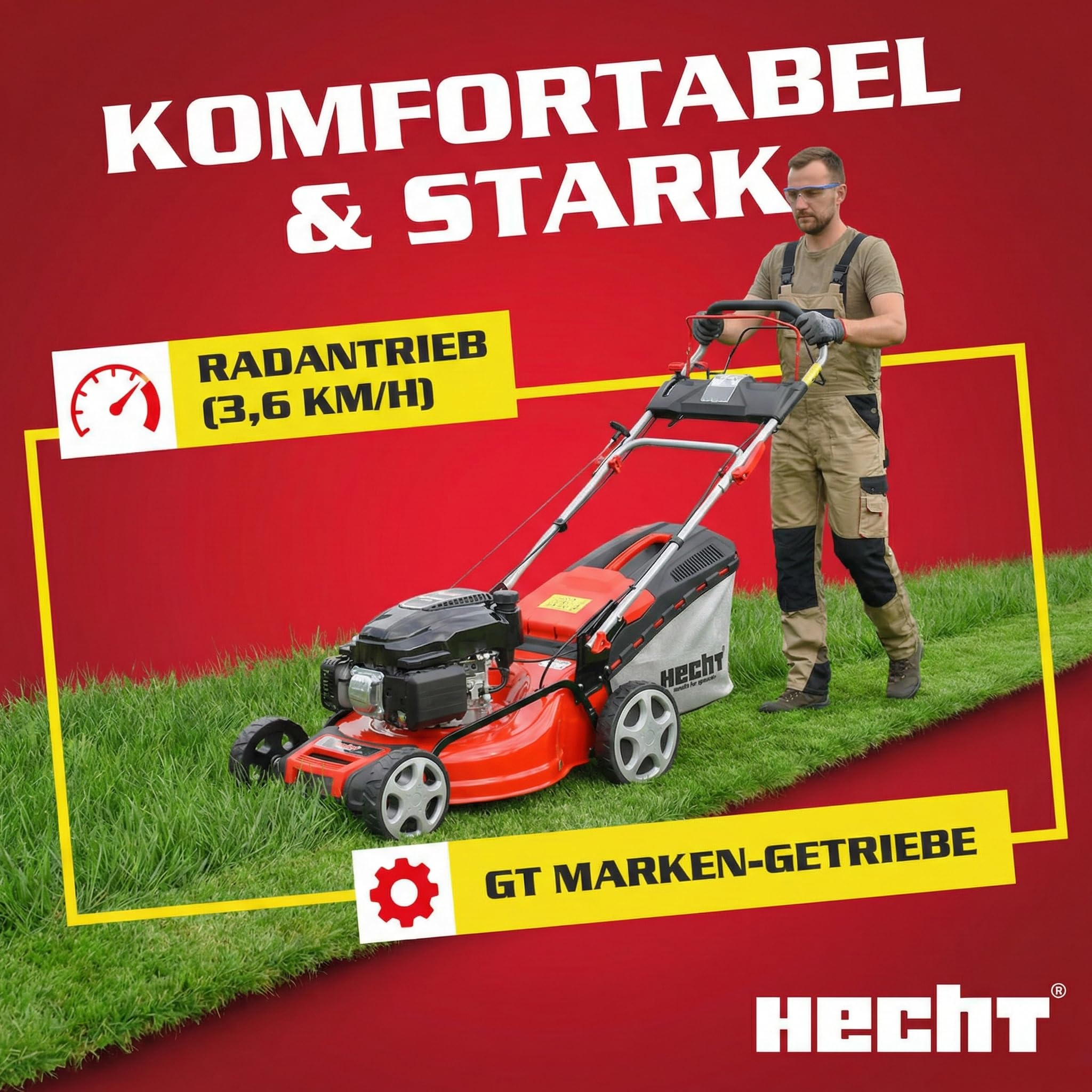 HECHT 5in1 Benzin Rasenmäher 6,0 PS – 53 cm mit Elektrostart & Radantrieb | 4-Takt Eco Motor mit 4,4 kW, 75 L Fangkorb, Mulchfunktion und Seitenauswurf – für Rasen & Garten
