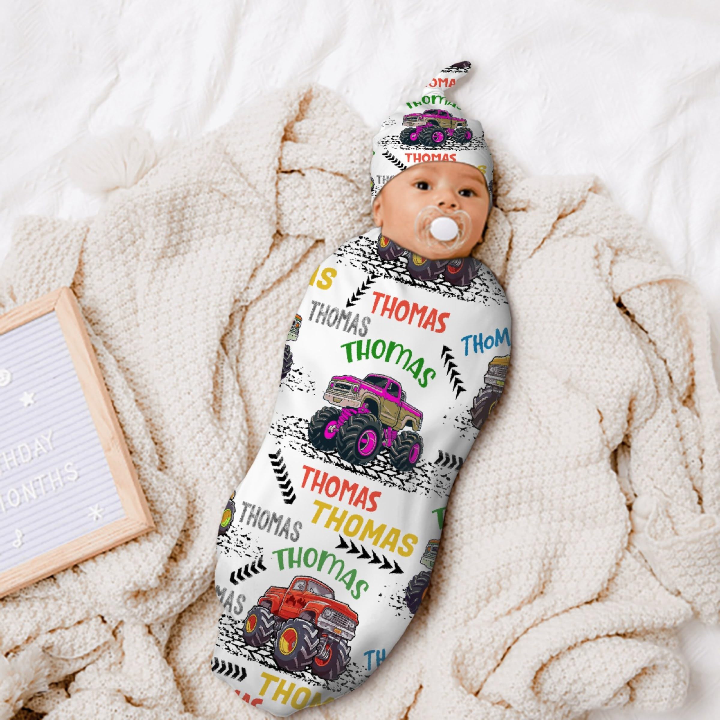 Personalized Baby Swaddle Blanket & Hat Set for Boys Girls, Customized Newborn Gifts, Custom Truck Receiving Blanket with Name, Ultra Soft Nursery Swaddle Wrap, Swaddling Sleeping Sacks