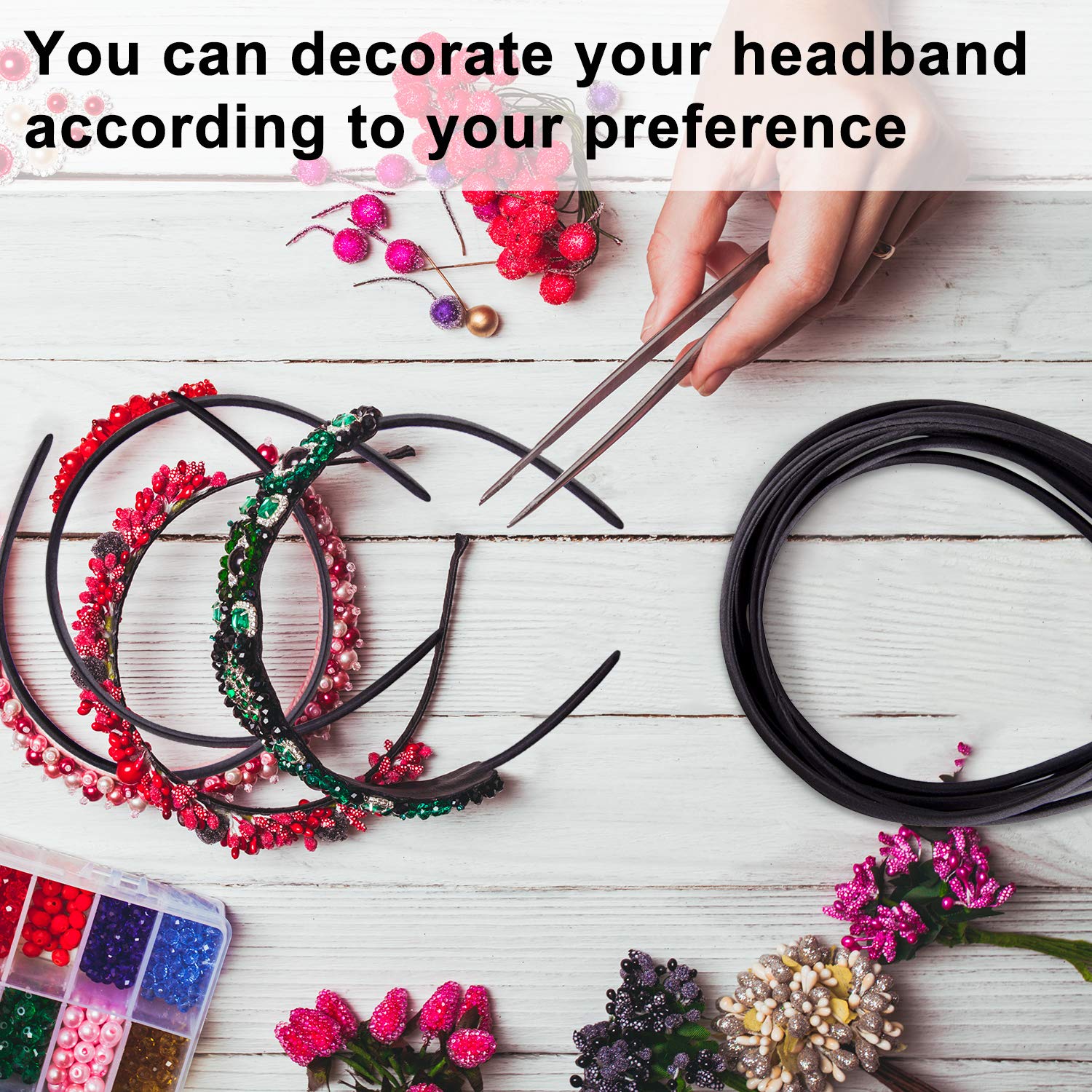 Duufin 50 Pieces Satin Headbands Black Plain Headband 1cm DIY Headband Satin Covered Hair Headband for Girls and Women