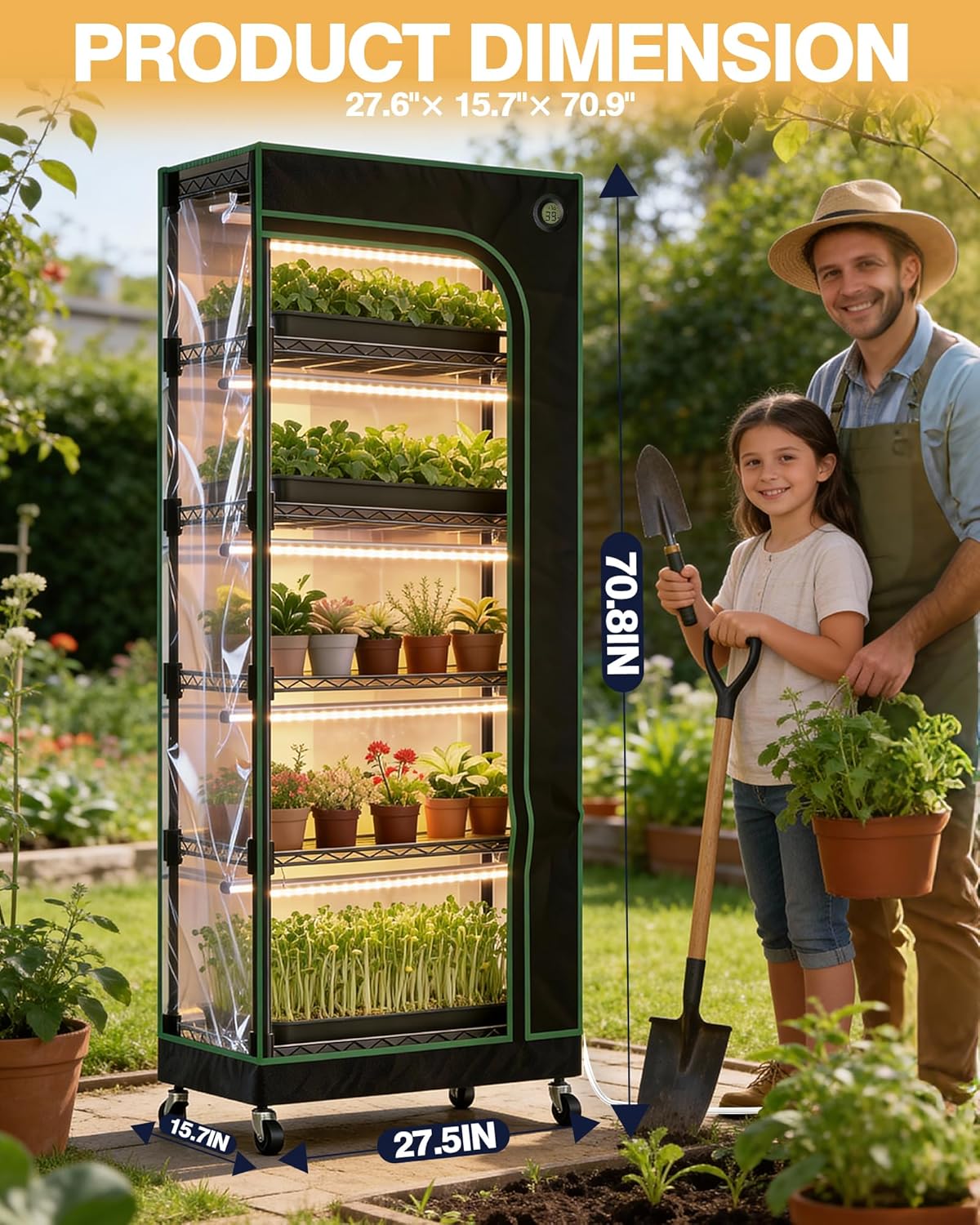 PYY Indoor Greenhouse with Grow Light - 6 Tier Heavy Duty T8 3000K Grow Lights, Curved Zip Door, Thermometer & Timer, Adjustable Shelves, 4 Caster Wheels for Home & Garden (27.6"x15.7"x70.9")