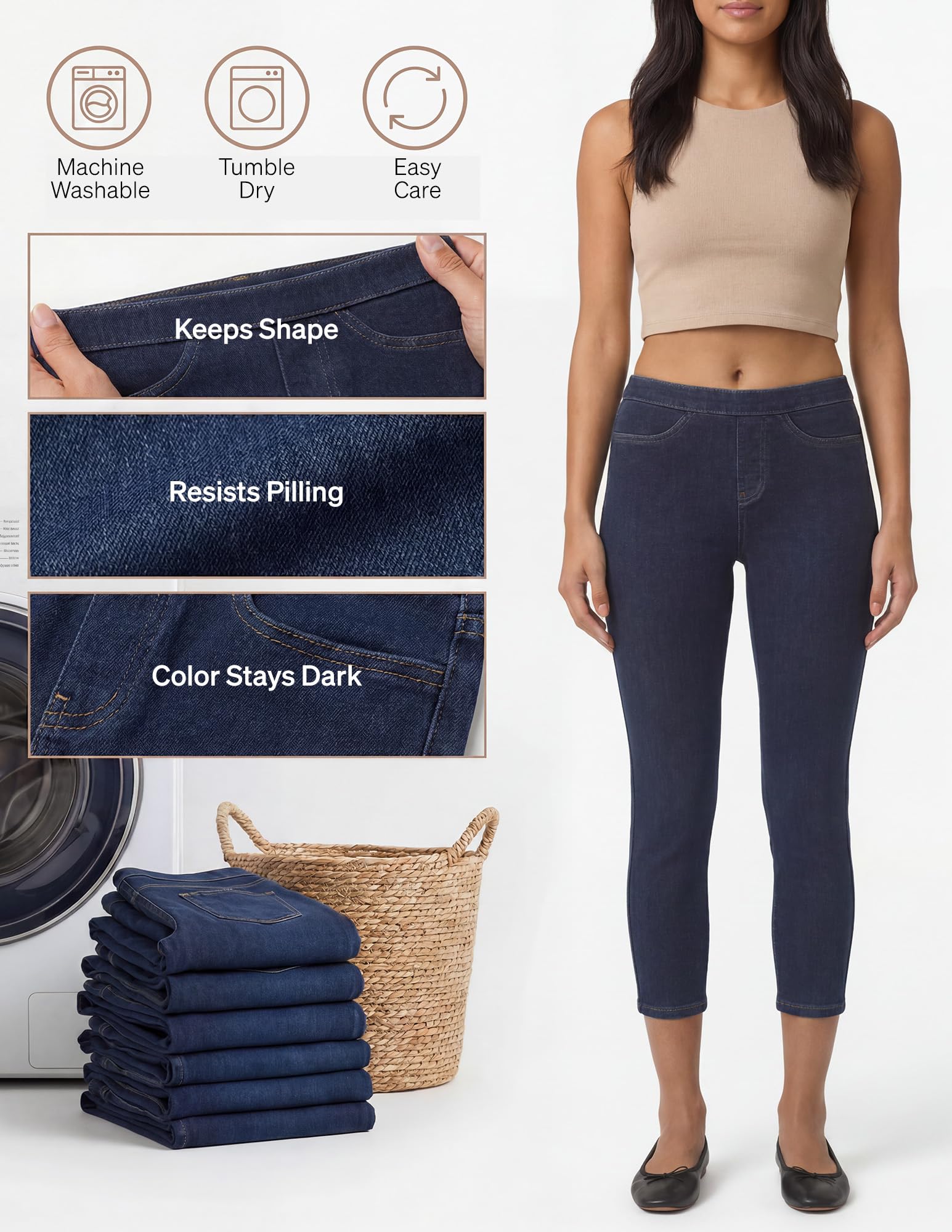No Nonsense Classic Denim Capri Leggings with Pockets, Comfortable Stretch Pull On Pants - Leggins Mujer