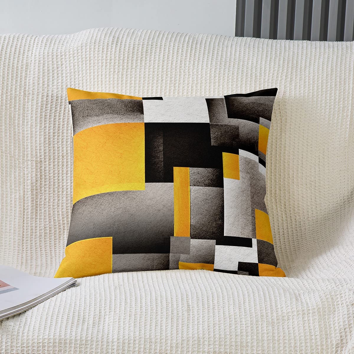 Loussiesd Yellow Grey Black Buffalo Check Reversible Throw Pillow Covers Kids Geometric Pillow Covers Home Decor for Square Cushion Covers Set of 2 Plaid Modern Abstract Art 18x18 Inch - Image 2