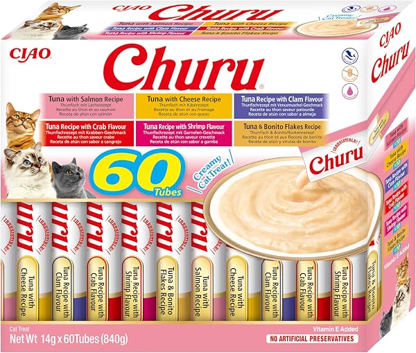 Inaba Churu Przekąska dla Kotów, Tuńczyk, 60 x 14 g | Miękka i kremowa przekąska, pyszne kije do lizań, topper do jedzen