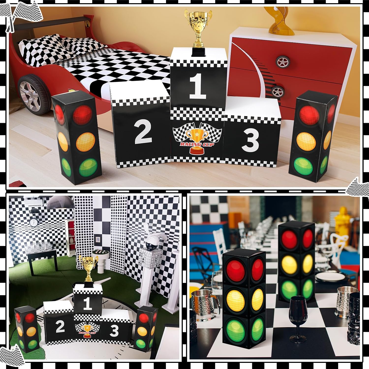 Halloscume 6 Pcs Large Racing Birthday Party Boxes Set, 4 Pcs 11.8" Race Car Podium and 2 Pieces 17.3" Traffic Light, Car Themed Goodie Checkered Boxes Racing Party Centerpiece Decoration(Black)