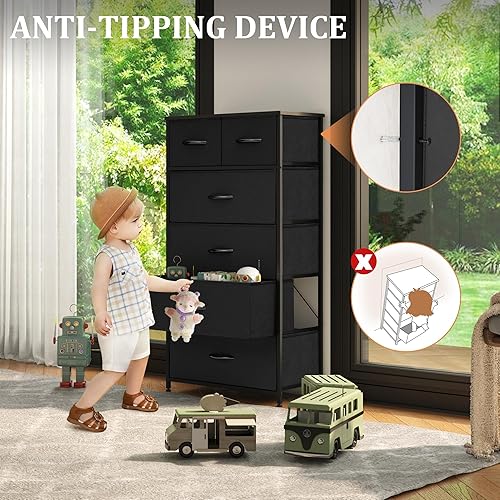 Miniatura 5 de Cómoda de tela para dormitorio, cómoda alta y estrecha con 6 cajones, torre organizadora de almacenamiento, marco de acero y parte superior de