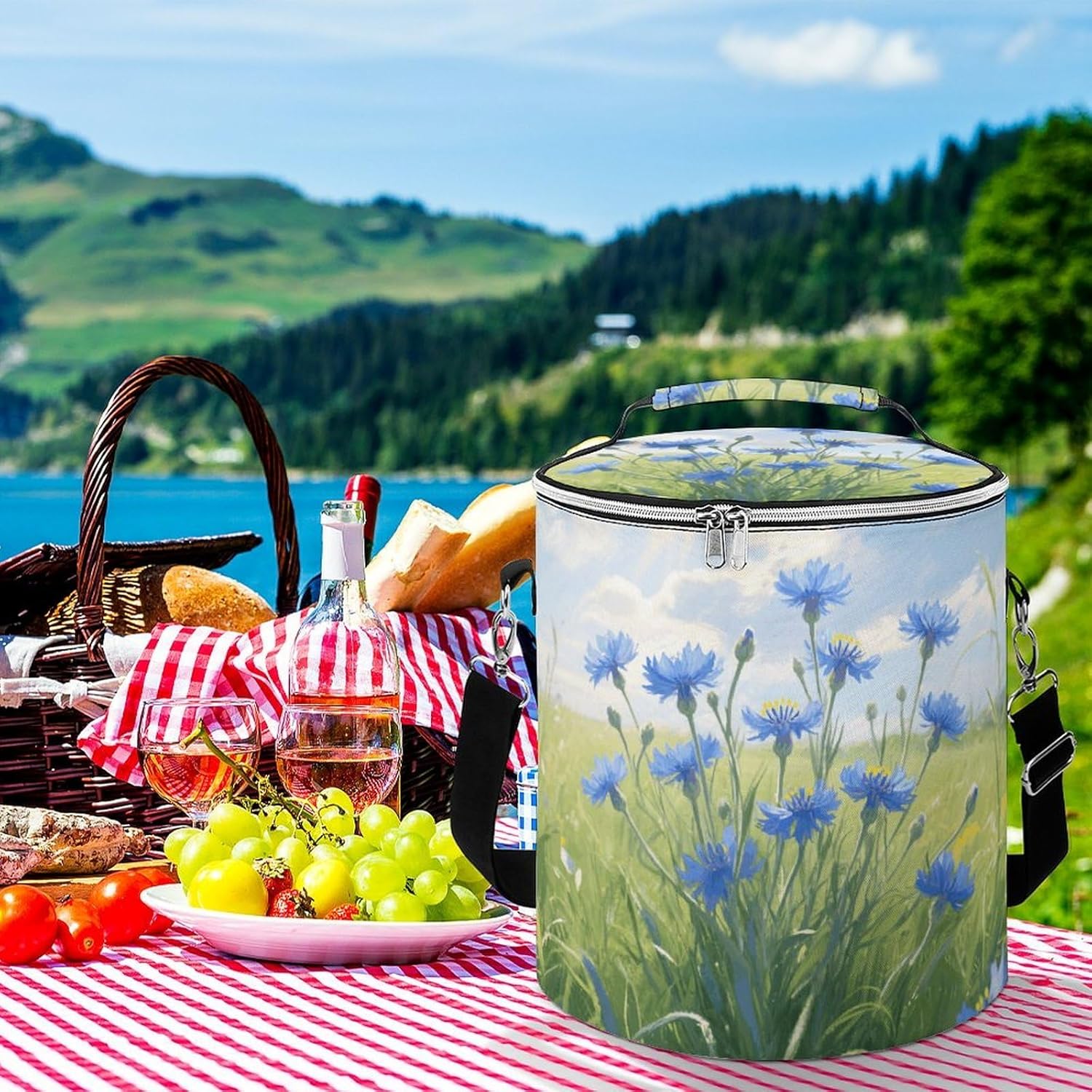 Blue Cornflowers Lunch Bag 15L, Insulated Picnic Basket with Leakproof Design - Large Cooler Tote for Camping, Beach, Hiking & Groceries