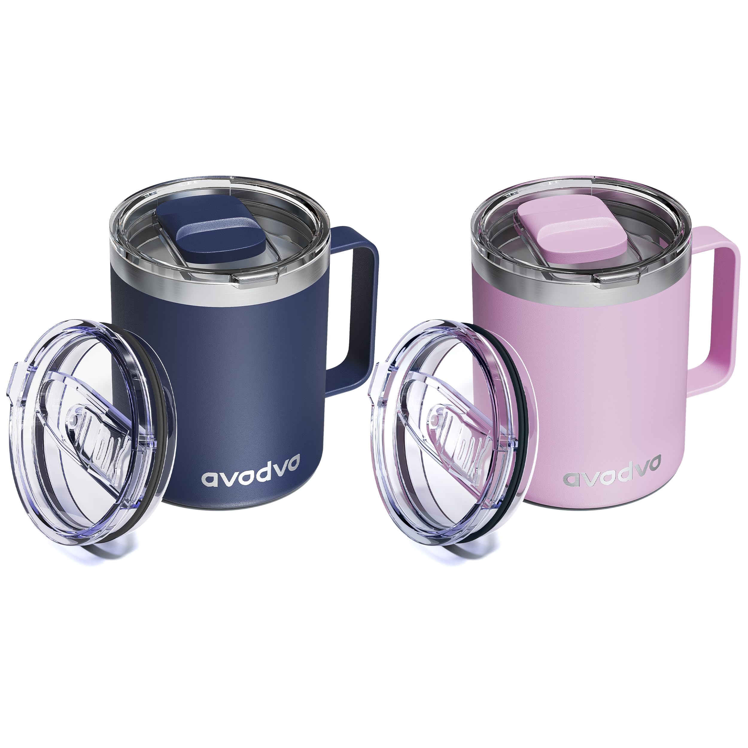 12oz Insulated Coffee Mug with Lid – Includes Two Lids, Stainless Steel Coffee Travel Mug with Handle, Double Wall Vacuum Insulated Camping Mug for Home, Office & Outdoor, Set of 2