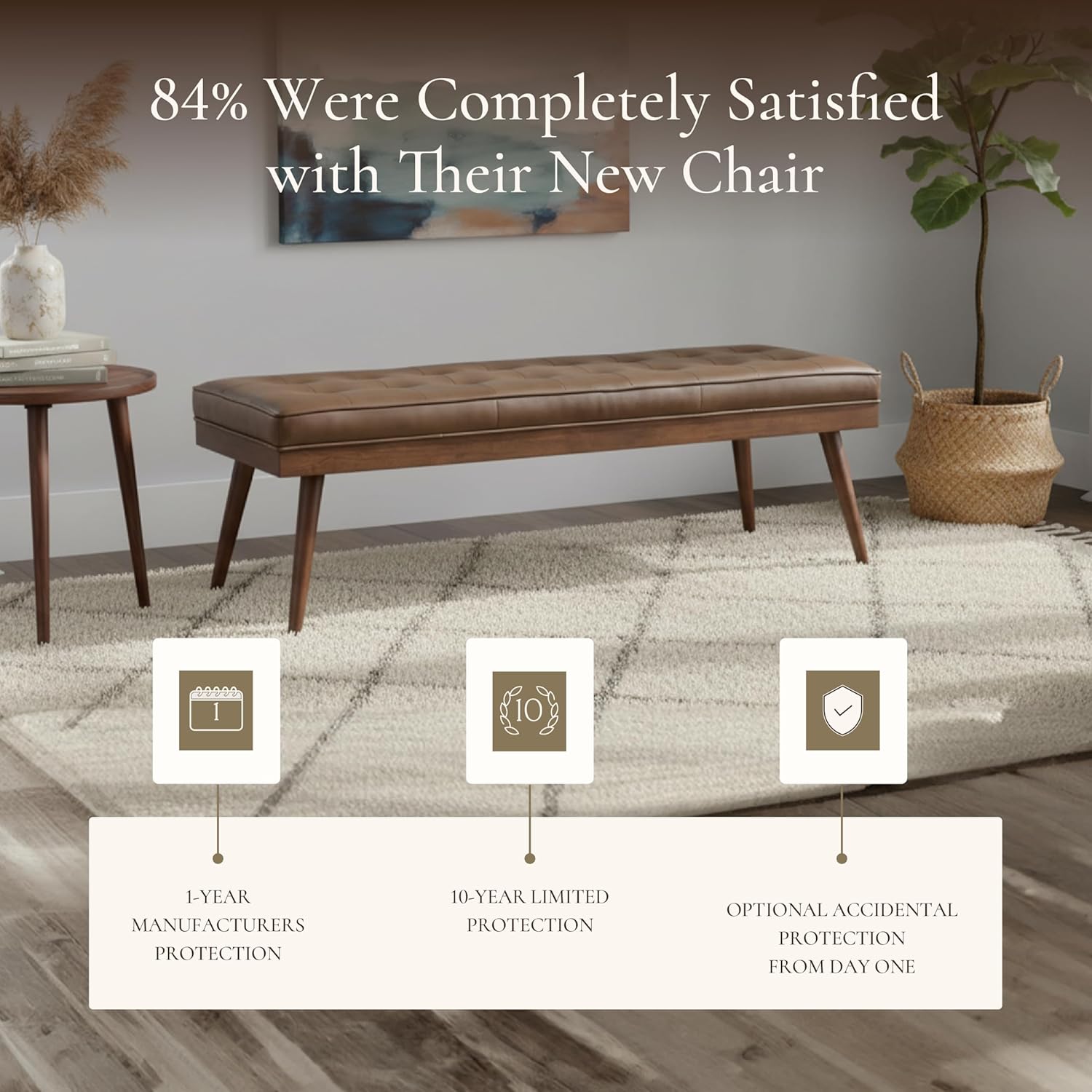 Poly & BARK 55" Tufted Leather Bed Bench for Bedroom End of Bed - Living Room Entry Way Bench - Pure Italian Leather Upholstery with a Solid Wood Frame - Ottoman Bench with Wooden Legs - Cocoa Brown