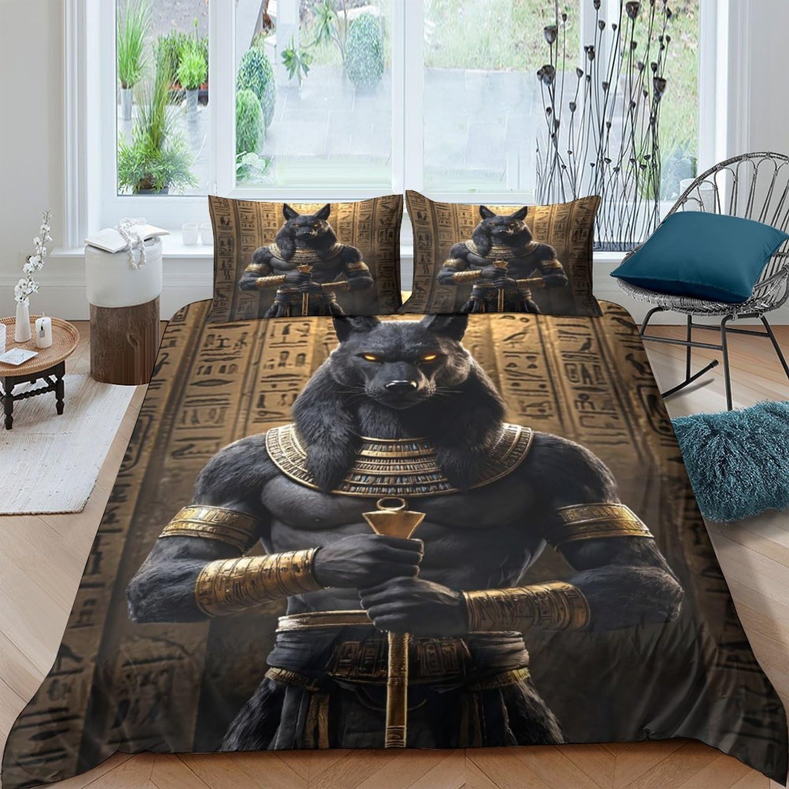 Ctjqhvkz Style-4 3D Printed Anubis Guardian Fitted Sheet Microfiber Soft Black Gold Egyptian God Bed Cover For Bedroom Dorm Decor Single（135X200cm）