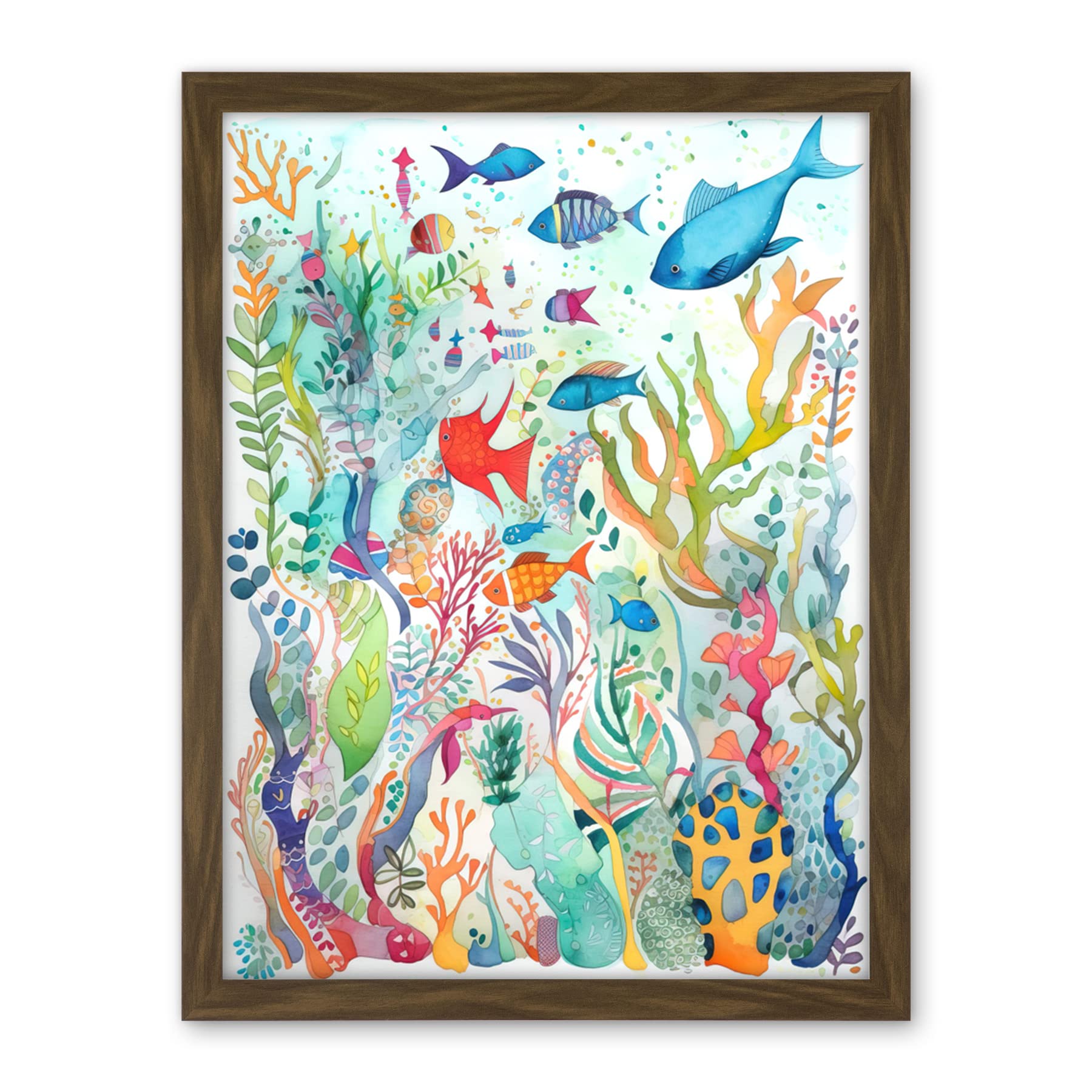 Artery8 Aquatic Scene Marine Life Folk Art Watercolour Painting Artwork Framed Wall Art Print 18X24 Inch