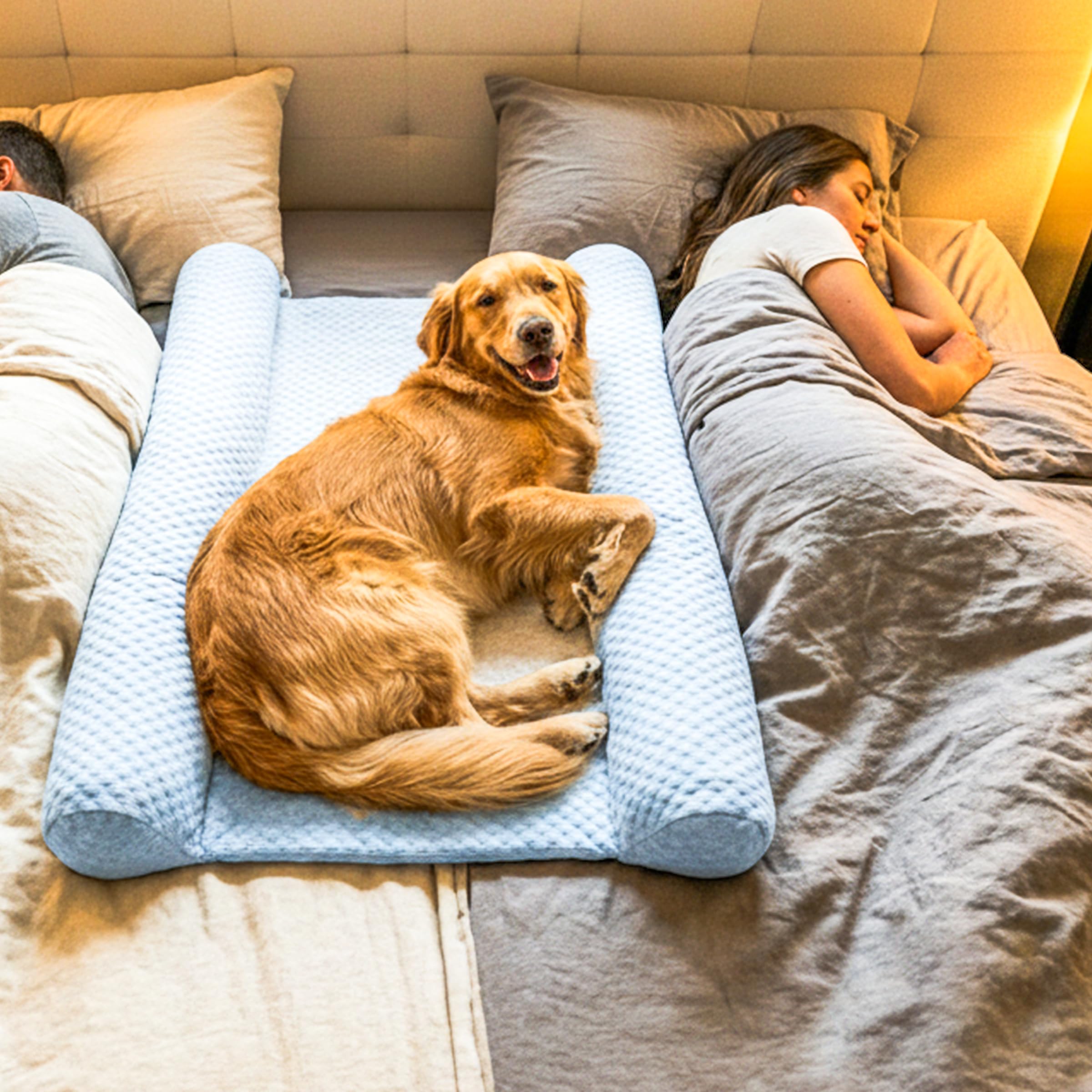 DenMate - On-Bed Dog Bed for Medium/Large Dogs (26x40), Stabilizing 100% Cotton Bolsters for Night Movement, Improves Comfort & Sleep for Dogs & Owners, Machine Washable Pet Mattress (Blue)