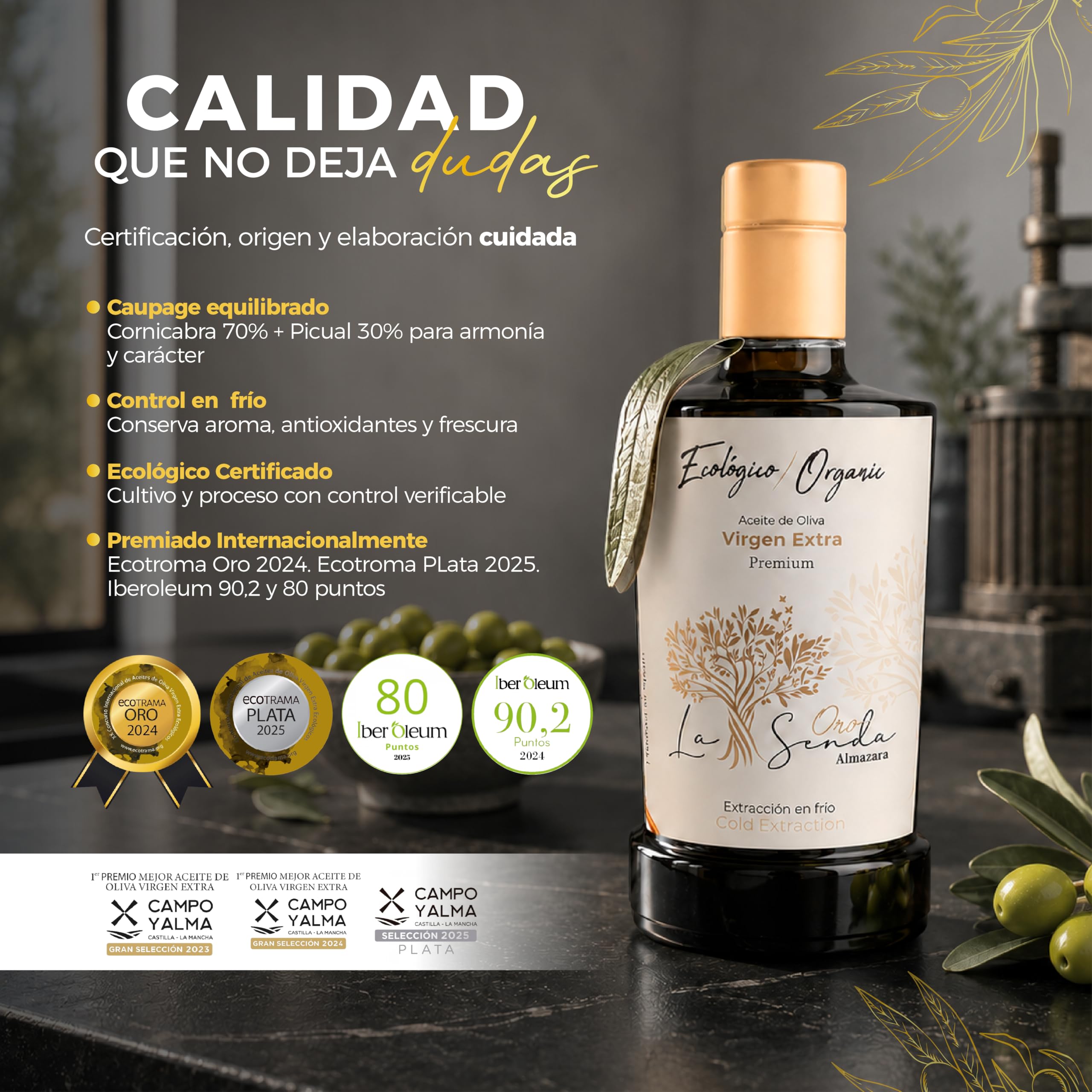 Almazara la Senda - Aceite de Oliva Virgen Extra | AOVE Gourmet Premium Picual & Cornicabra | Aceite de Oliva Premium - Virgen Extra Saludable - Primera Extracción en Frío (500ml)