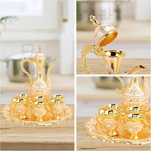 Miniatura 3 de Juego de 6 ollas de café turco, juego de tazas de agua estilo ruso, estilo ruso, tetera, tetera, con bandeja (blanco y rosa)