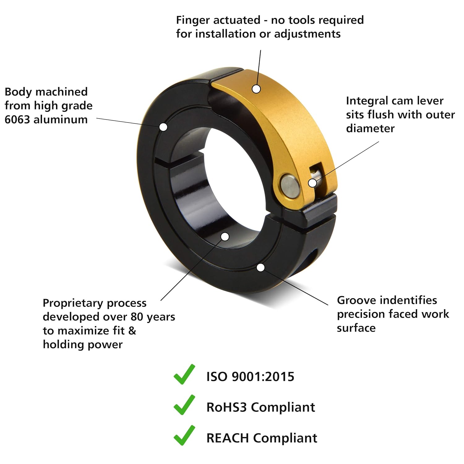 Ruland QCL-6-A Quick Clamping Shaft Collar, Anodized Aluminum, Metric, .375" Bore, 38mm OD, 10mm Width