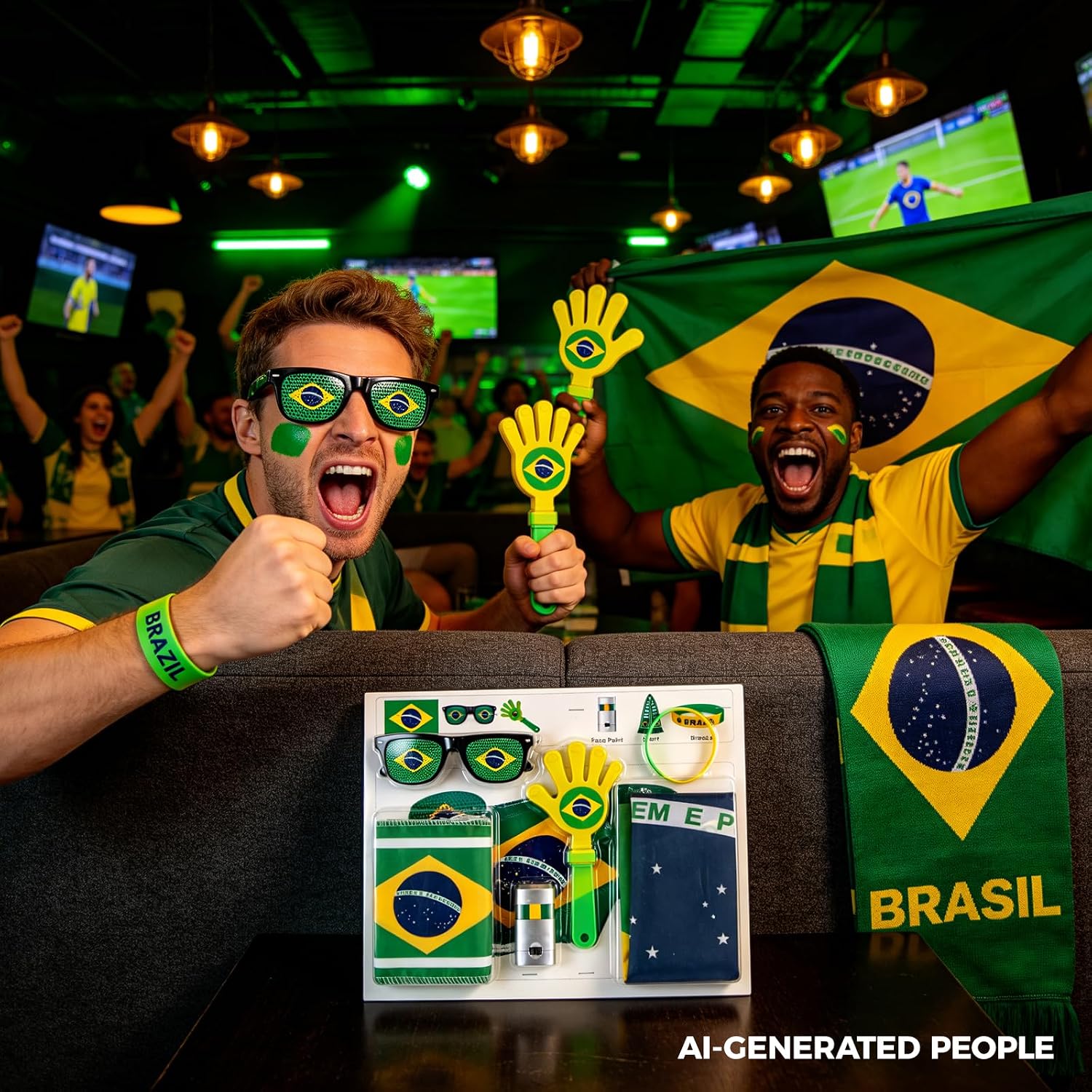 6PCS Soccer Fan Kit for Game Day, Football Fan Accessories Set with Flags, Scarf, Face Paint, Glasses, Wristband & Clapper (BRA)