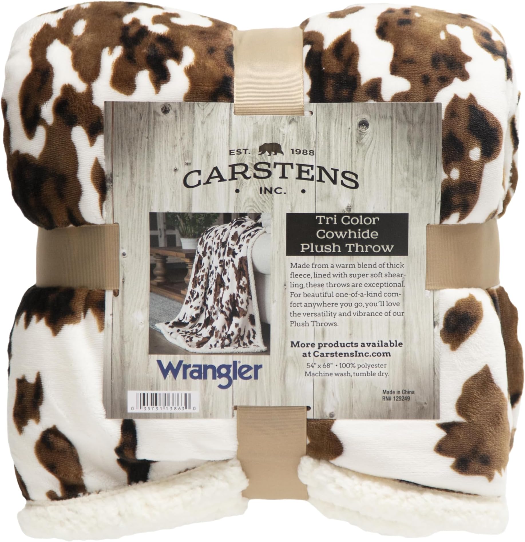 Carstens, Inc. Wrangler Ultra Premium Super Soft Plush Sherpa Fleece Oversized Throw Blanket 54" x 68", Tri-Color Cowhide