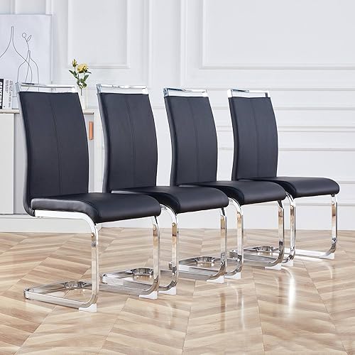 POULEII Juego de 4 sillas de comedor tapizadas con tubo en forma de C patas de metal negro y asiento acolchado de tela de leathaire para comedor