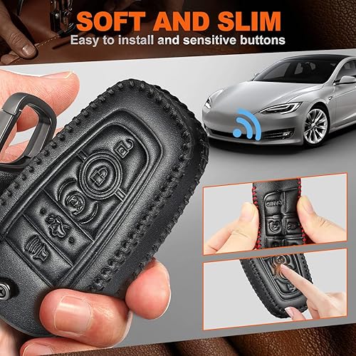 Miniatura 2 de Slohif Accesorios de cuero para Ford para llavero Edge Escape Expedition Explorer Fusion Mustang Ranger F-150 F-250 5 botones funda de cuero  anillo