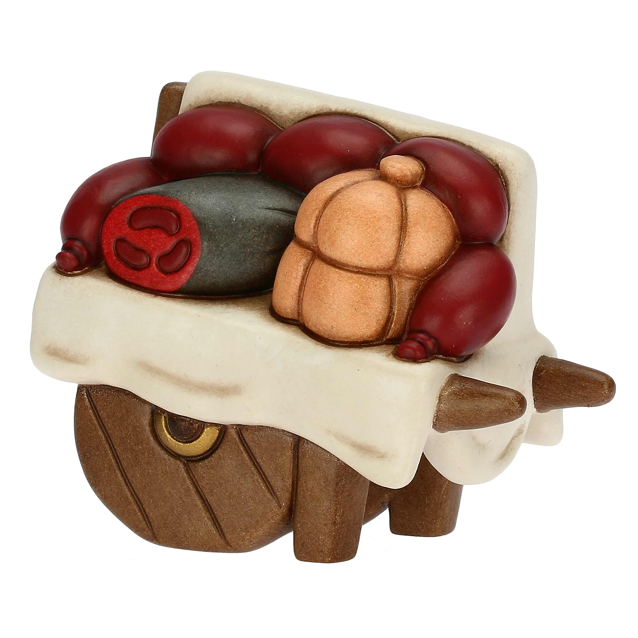 THUN - Presepe 2022 - Statuina Presepe Carretto con Salumi in Ceramica Decorata a Mano - Linea Presepe Classico - 8,5x5x7,3 cm h