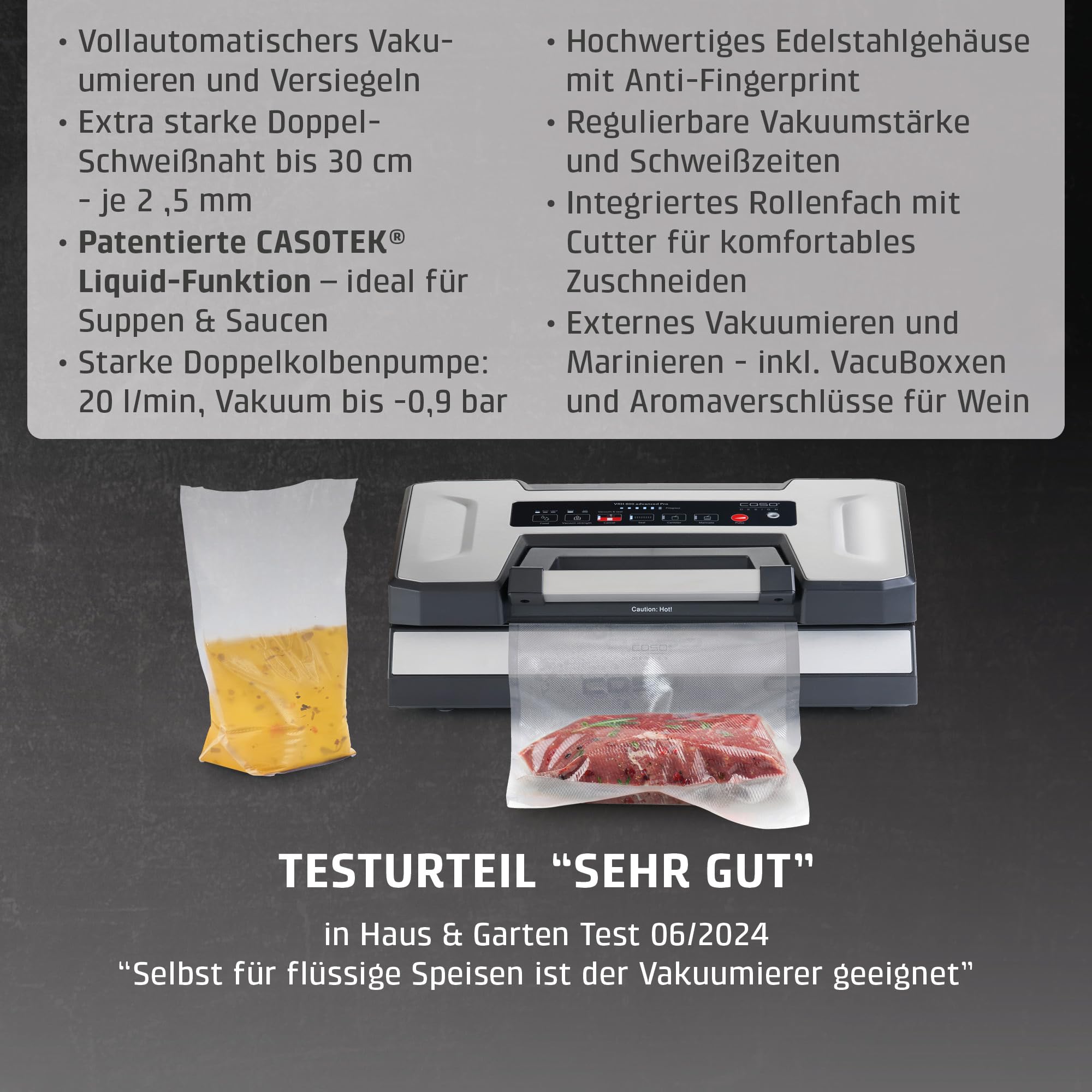 CASO VRH 800 Advanced Pro Vakuumierer, 20 l/min Doppelkolbenpumpe, -0,9 bar, Doppelnaht 30 cm, Edelstahl