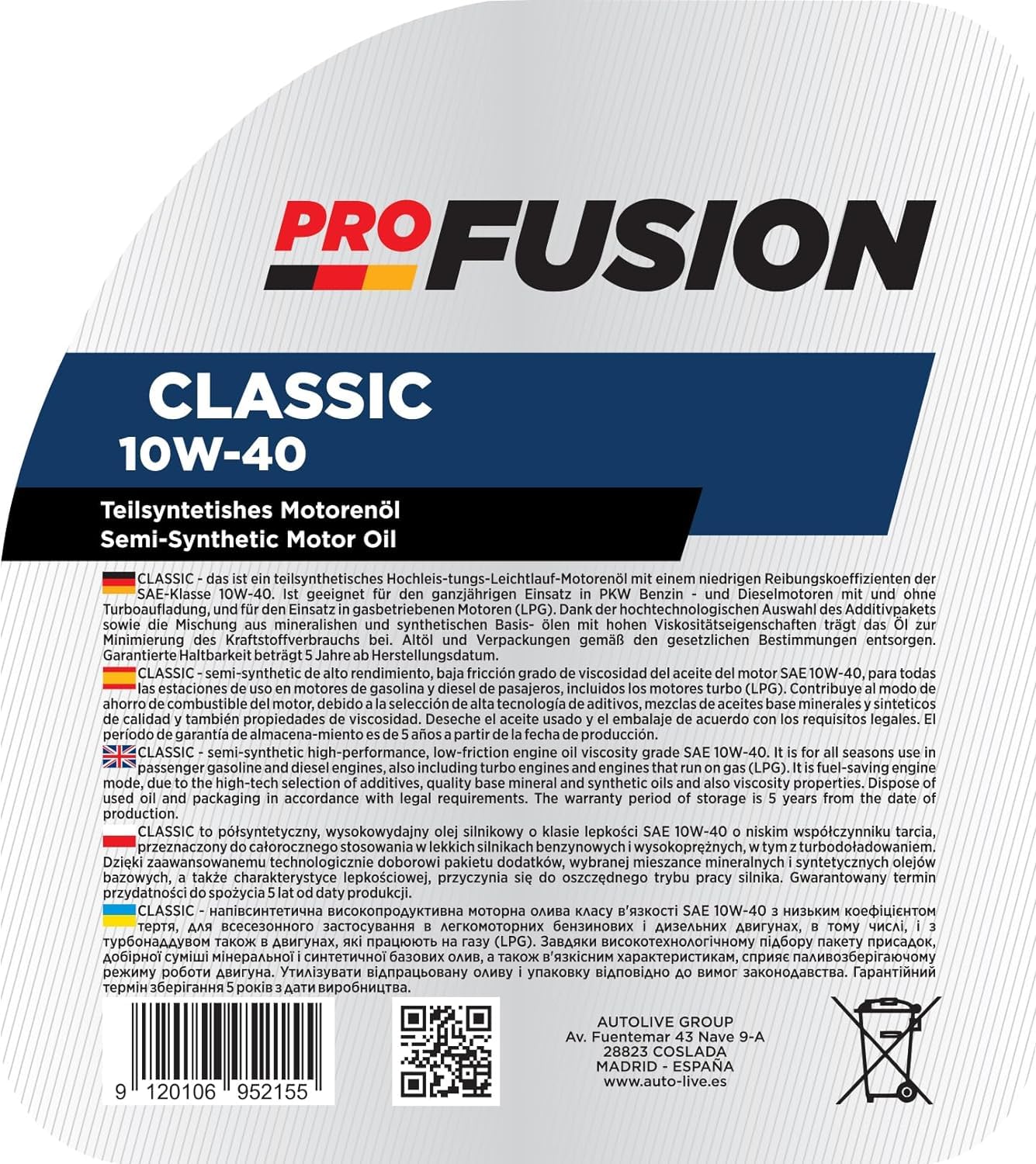 ProFusion Aceite 10W40 para Motores Gasolina y Diésel - Lubricante Semisintético de Alto Rendimiento para Coche - 5L