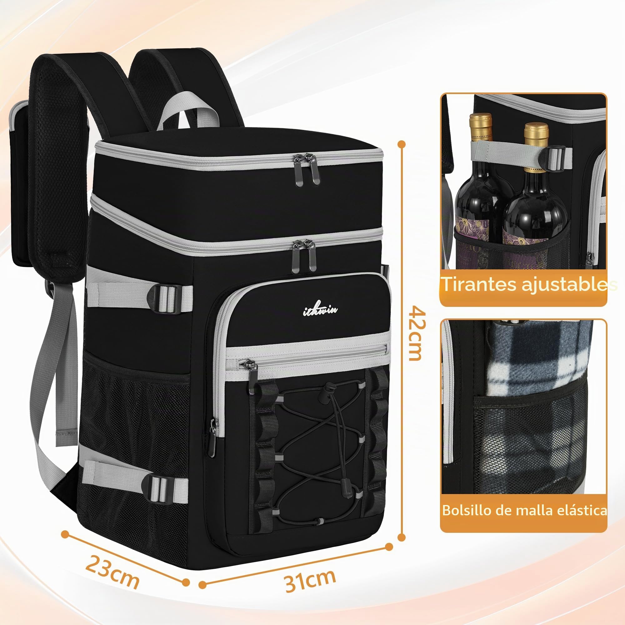 OUUTMEE Mochila refrigeradora para picnic con compartimento frigorífico, bolsa térmica de doble capa, a prueba de fugas, bolsa térmica impermeable para picnic, playa o senderismo, color negro