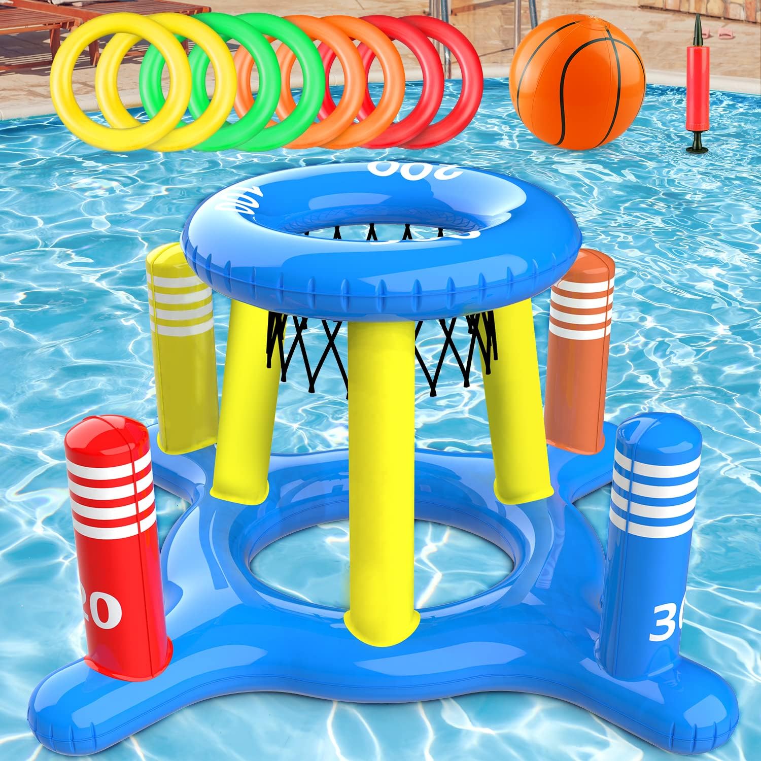 VOLINFO Pool Floats Toys Games Set - Floating Basketball Hoop Inflatable Cross Ring Toss Pool Game Toys for Kids Adults Swimming Pool Water Game
