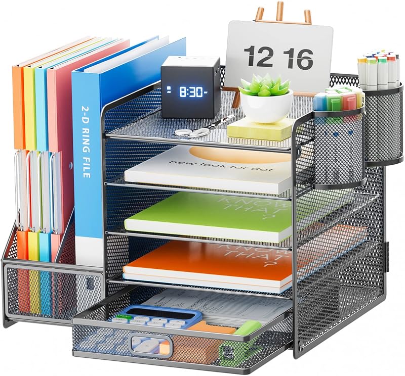5-Tier Paper Letter Tray Organizer with Drawer and Pen Holder, Mesh Desktop Organizer and Storage with Magazine Holder for Office Supplies (Grey)