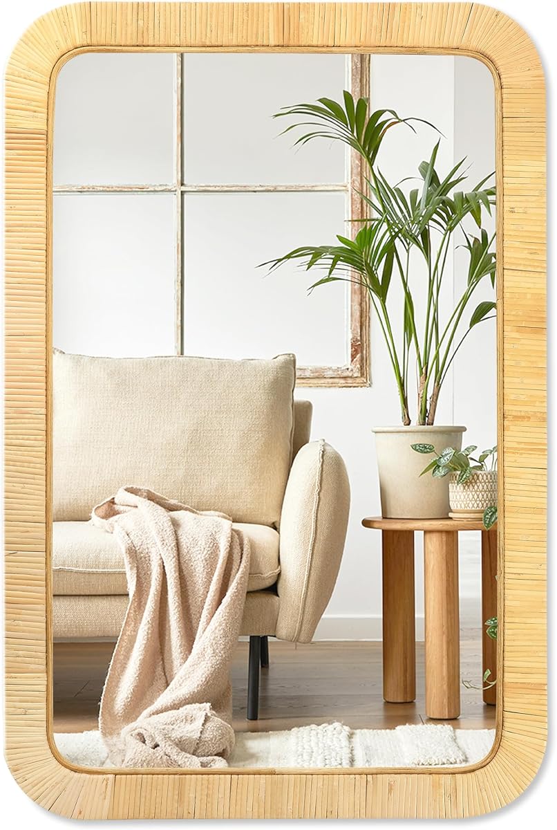 PERFNIQUE Espejo de ratán, espejo de baño bohemio rectangular de 30.0 x 20.0 in, decoración decorativa de pared para guardería, espejo de mimbre hecho a mano de granja rústica para baño, dormitorio, entrada, sala de estar