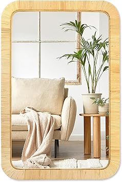 PERFNIQUE Rattan Mirror, 30 x 20" Rectangle Boho Bathroom Mirror, Decorative Wall Nursery Decor, Rustic Farmhouse Handmade Wicker Mirror for Bathroom Bedroom Entryway Living Room Decor