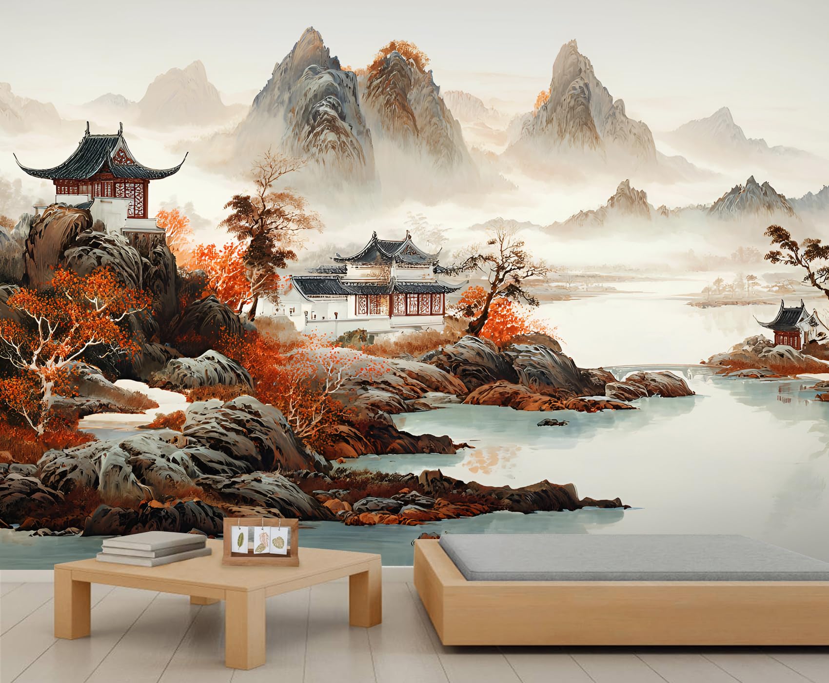 Chinese Mountain Mural Wallpaper Ancient Buildings Wallpapers Lake Autumn Landscape Boys Wallpaper for Kids Bedroom Living Room Mural Poster 200 X 140 cm — image 1