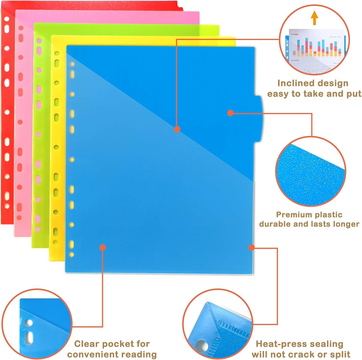 MAKHISTORY Plastic 5-Tab Dividers with Front Pocket, Plastic Pocket Dividers for 3-Ring Binders, Multi-Color Tabs Dividers, Pack of 3 Sets