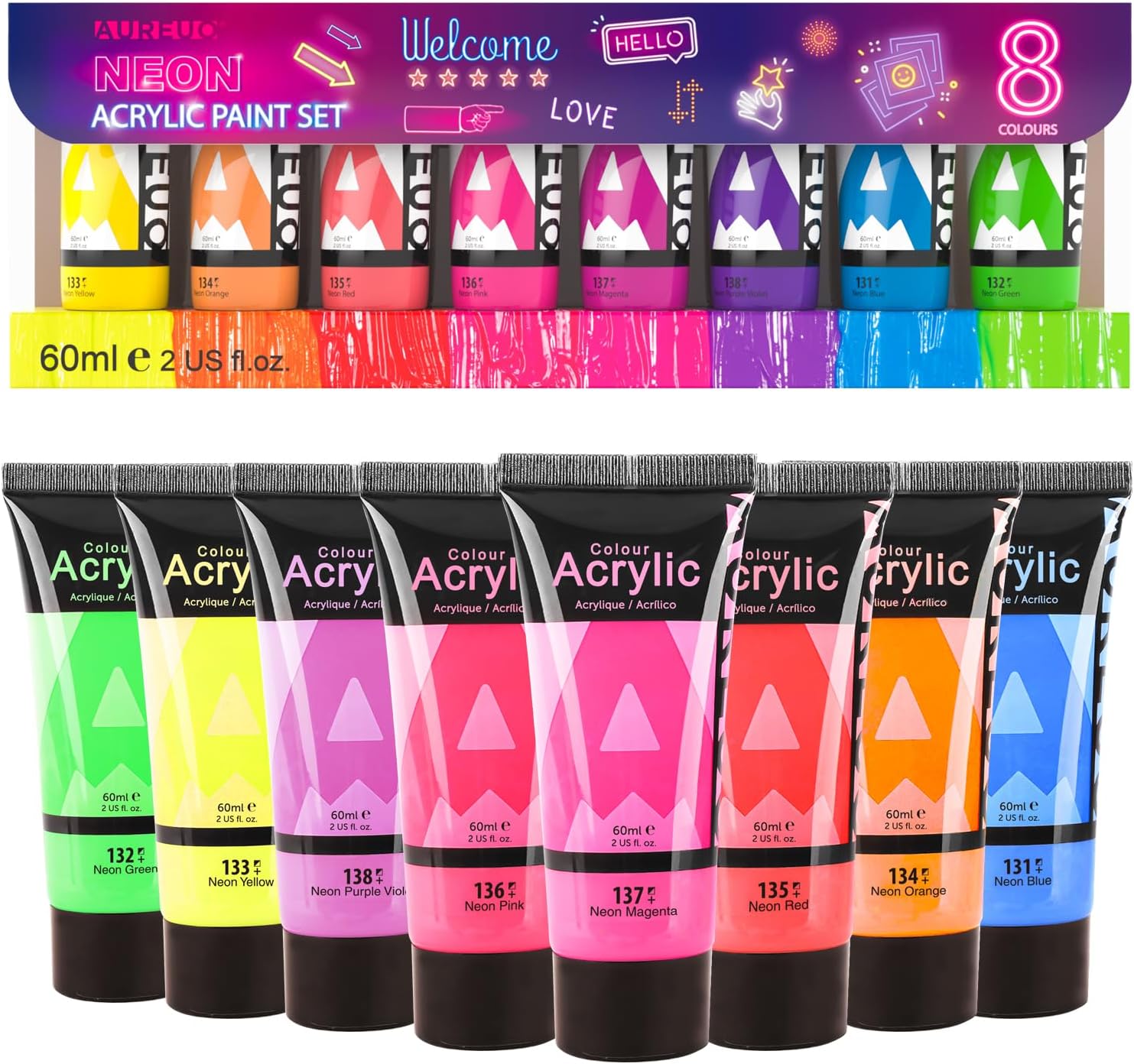 AUREUO Neon Acrylic Paint Set - 8 Fluorescent Colors 2 Fl Oz / 60ml Art Paint Tubes for Crafts Decor Rich Pigments Non-Toxic Painting Supplies for Artists Hobby Painters
