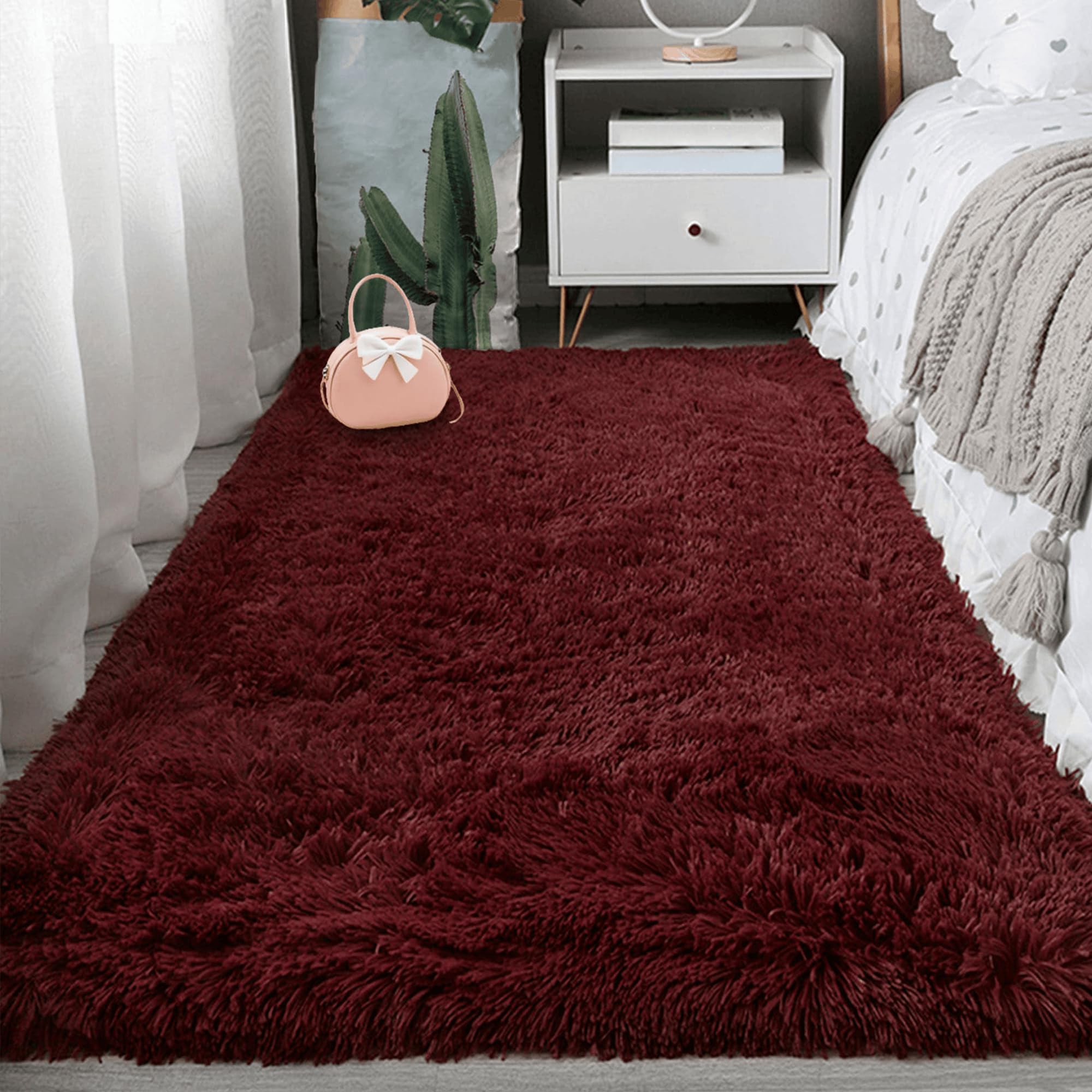 Shaggy Teppich Hochflor 80 x 400 cm mit rutschfest Unterseite Läufer Teppich Anti Rutsch Unterseite, Waschbar für Schlafzimmer Kinder Flur, Wohnzimmer, Weinrot