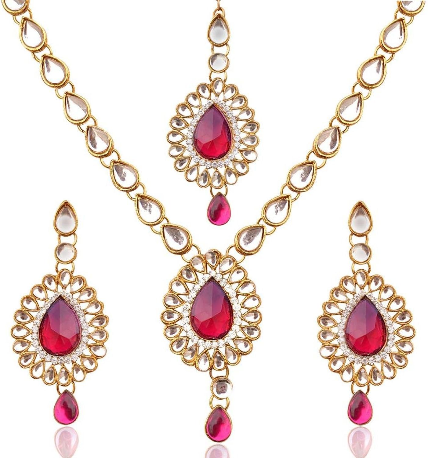 vamaa Bollywood Designer Indian Pakistani Ethnic Kundan Necklace Earring Mang Tika - Magenta