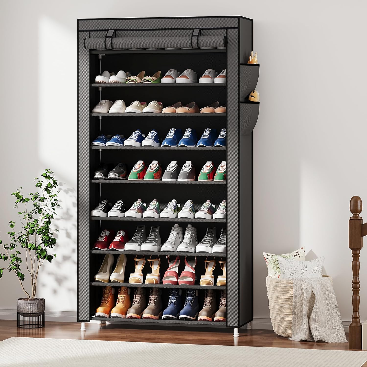 Laiensia 9-Tier Vertical Shoe Rack Organizer, Space Saving Shoe Storage Organizer, Non-Woven Cover Shoe Shelf Holds 36-45Pairs for Bedroom, Hallway, Closet Entryway, Grey