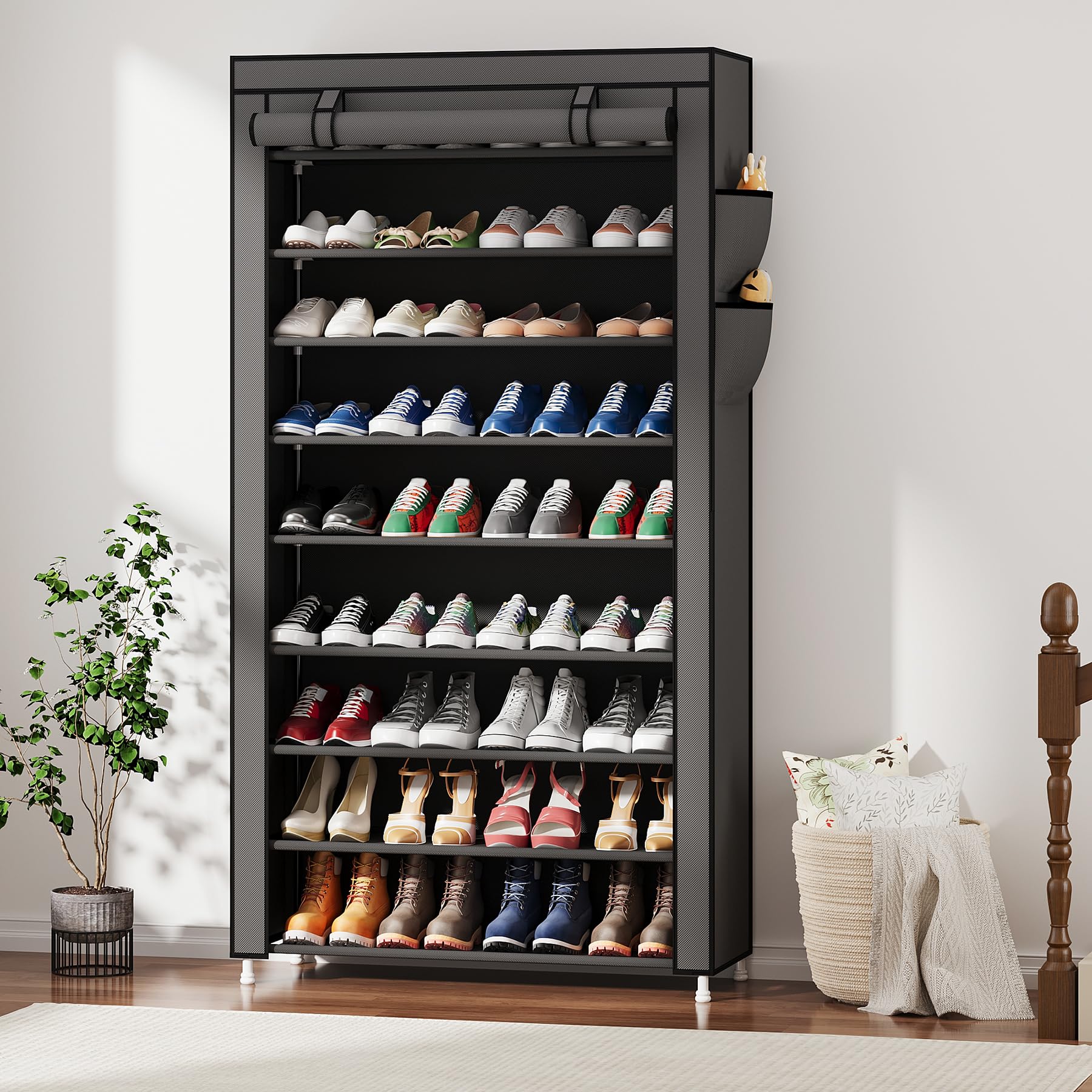 Condition photo showing New/Like New for laiensia 9-tier vertical shoe rack organizer, space saving shoe storage organizer, non-woven cover shoe shelf holds 36-45pairs for bedroom, hallway, closet entryway, grey