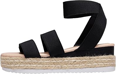 Vepose Womens Platform Wedge Sandals, Triple Elastic Strap Design | Open toe profile, braided espadrille, cushioned memory foam footbed, comfortable outsole, dressy cute casual