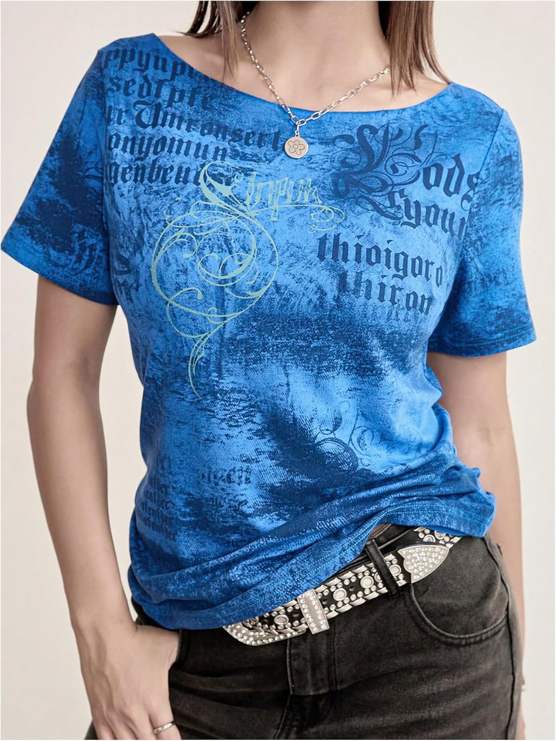 SOLY HUX Women's Y2k Goth Graphic Tees Off The Shoulder Short Sleeve Vintage T Shirt Streetwear Summer Going Out Tops - Image 4