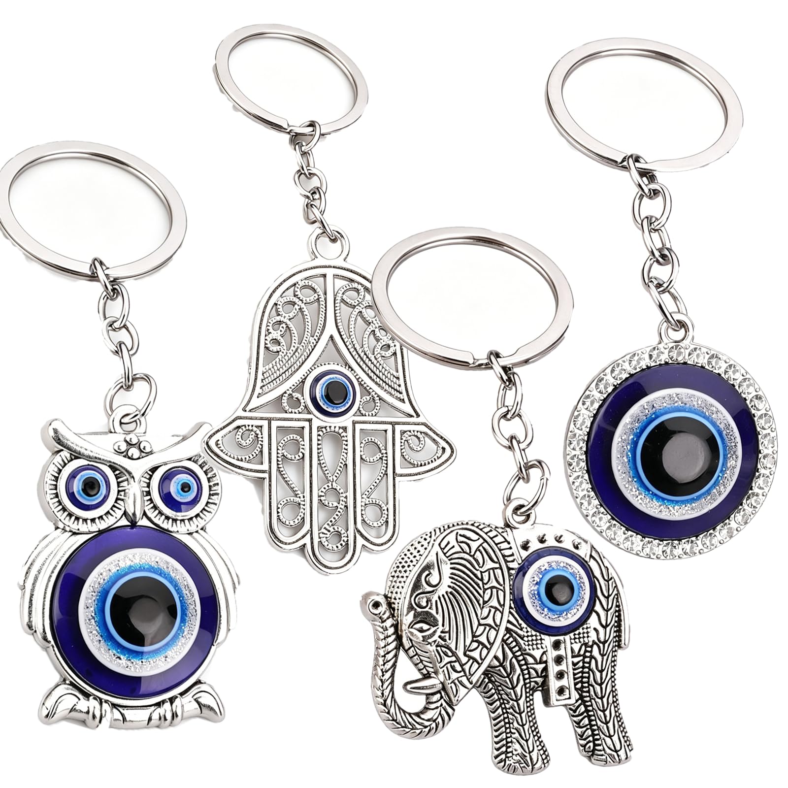 Evil Eye Keychain, Set of 4 Unique Designs, Owl Elephant Peacock Large Eye, Protection Charm Accessory, Bag Keys Purse Decoration, Good Luck Gift-image-17