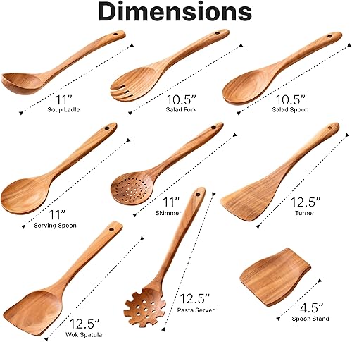 Miniatura 3 de Juego de utensilios de cocina de madera, 9 piezas, cucharas de cocina de madera de teca para cocinar, duradero, agarre cómodo, antiadherente,