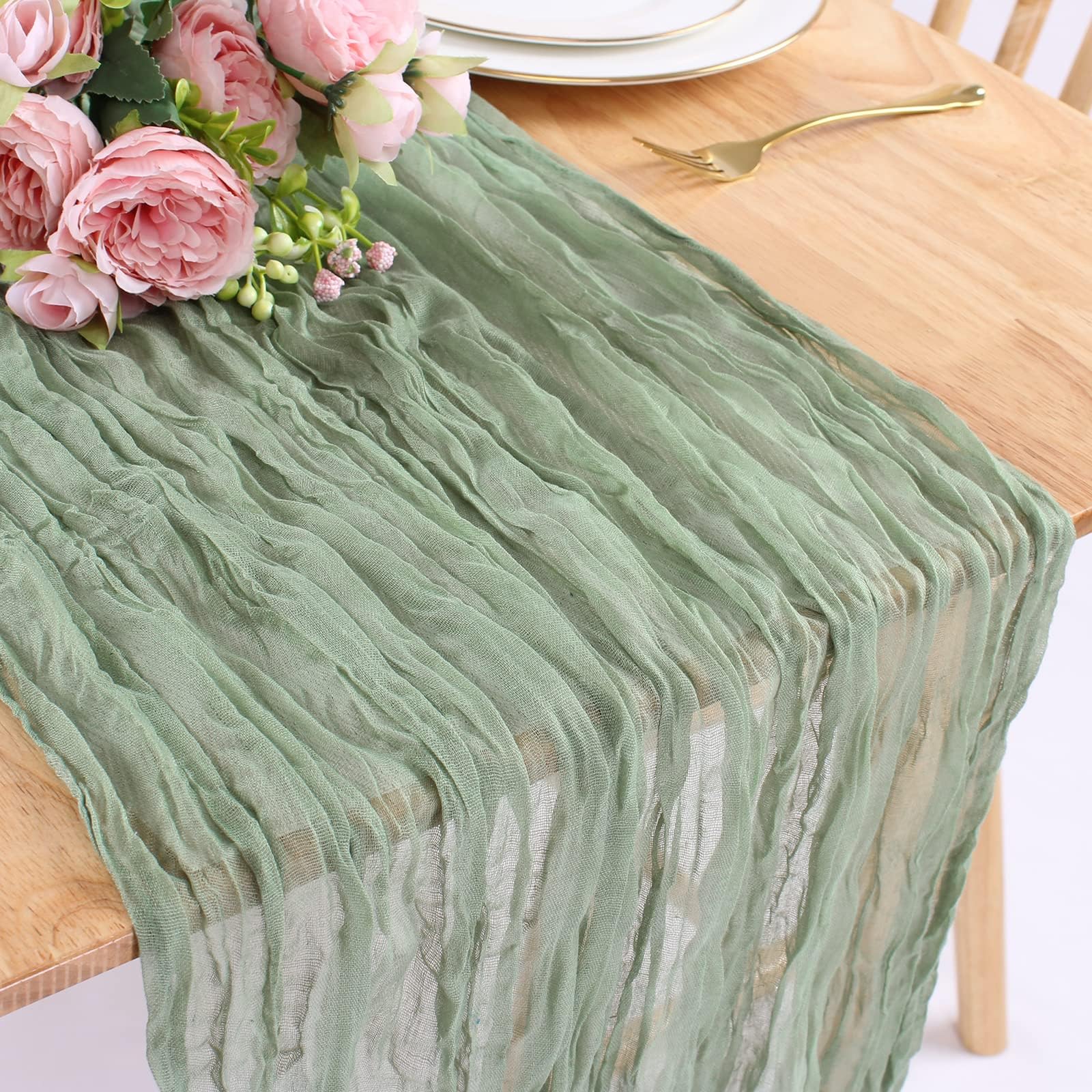 Sage Green Cheesecloth Table Runner - 4m Boho Gauze Cloth, 90 x 400 cm Long Romantic Sheer for Wedding, Bridal Baby Shower, Birthday Party Decoration