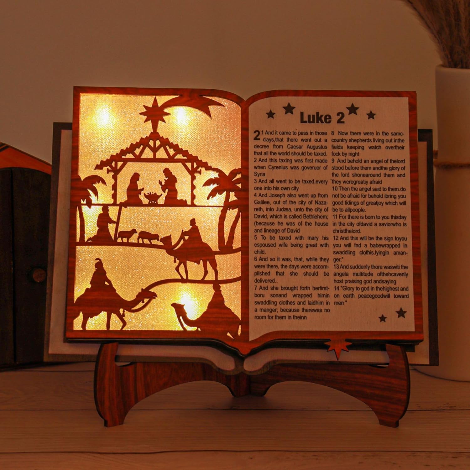 Wooden Nativity Scene Book Display With Light, Nativity Set With Figures For Tabletop, Scene Decorations With LED Light For Shelves Decorations