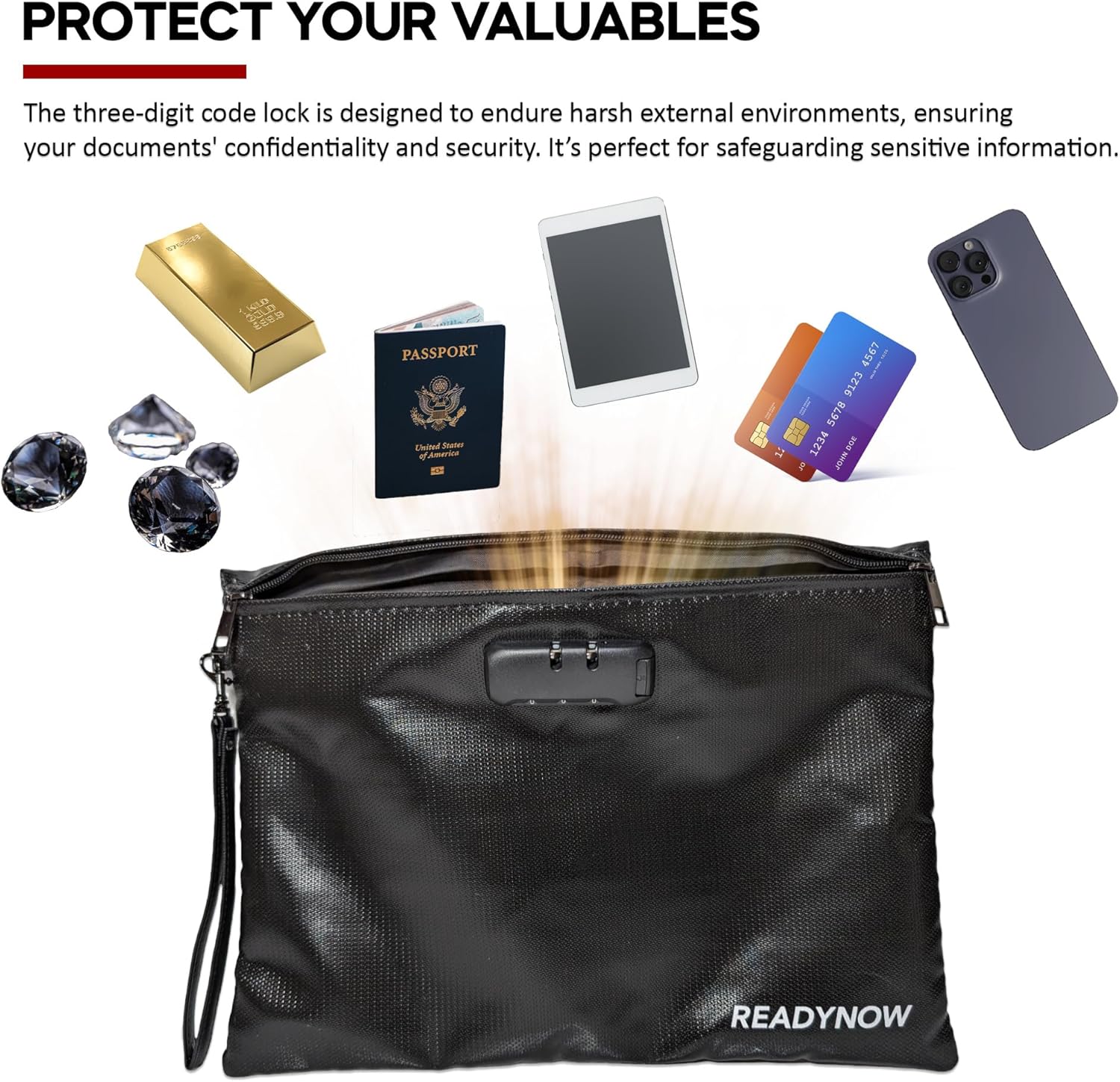Fireproof Document Bag with Lock, A4 14.3x10.2 inches, Zipper Pouch for Documents, Phone, Cash, Cards, Passport, Waterproof, Anti-Theft, Fireproof thumbnail