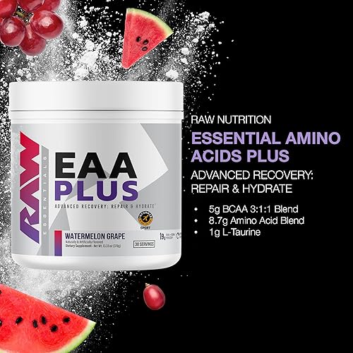 Vista 2 de RAW EAA Plus, aminoácidos en polvo, sandía y uva (30 porciones) – Polvo de aminoenergía de aminoácidos preentrenamiento para resistencia avanzada